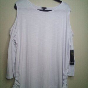 Links Blouse Women 1X Cold Shoulder 3/4 Sleeve Side Gathers White